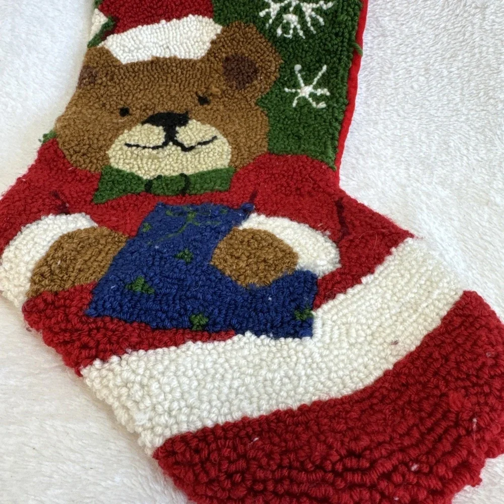 Vintage Style Hooked Wool Christmas Stocking Teddy Bear Santa Hat Snowflakes Red
